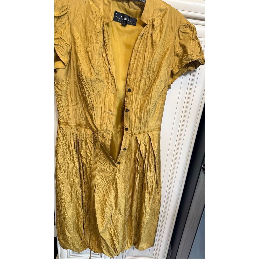 Nicole Miller Collection Womens Half Button Front Crinkle Sheath Dress Gold Sz 6